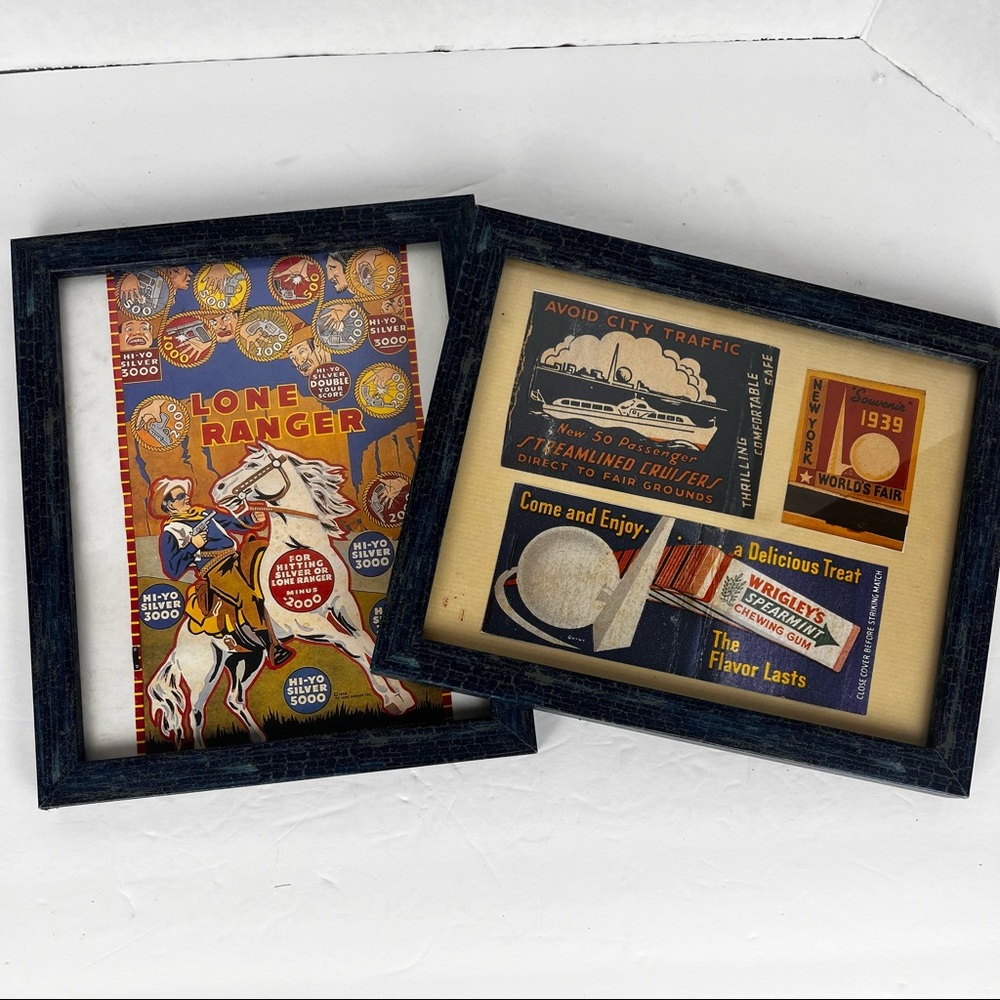 Pair of vintage-Lone Ranger/advertising prints in blue crackle frames.